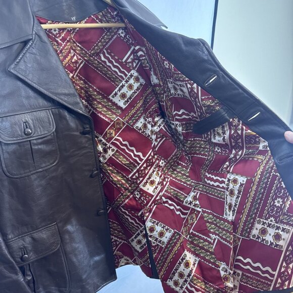 Vintage 70s Brown Leather Disco Jacket Bold Lining Men 42 Hippie Boho - Picture 7 of 9